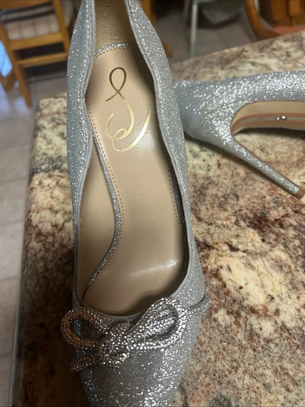 Sam Edelman 8.5 Silver Glitter Pointed Toe,Bow Stiletto Heels- Excellent Clean